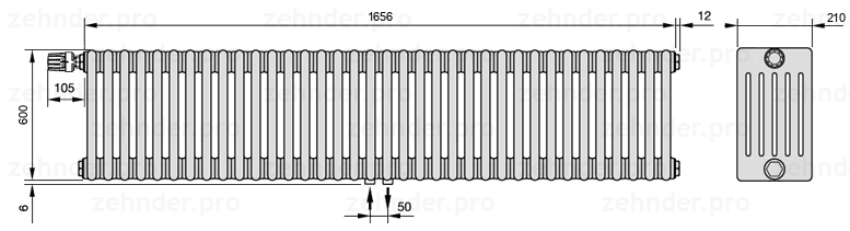 Схема (чертеж) Радиатор Zehnder Charleston 6060/36 №V007 Белый глянцевый RAL 9016